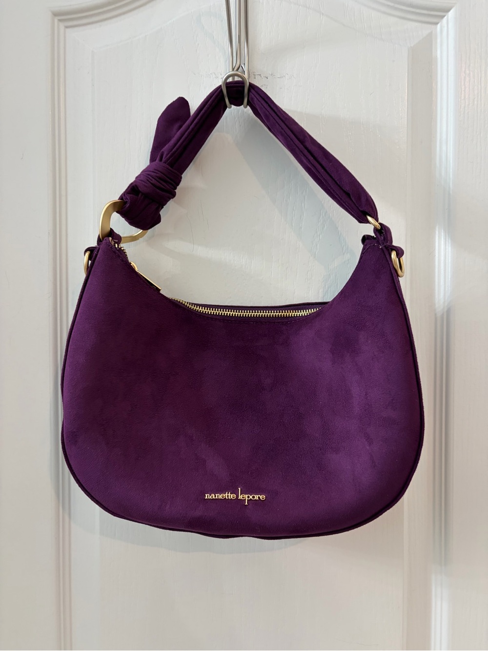 Nanette Lepore Deep Purple Suede Shoulder Bag with Gold Hardware
